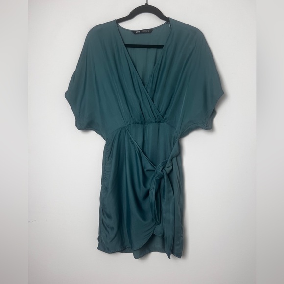 ZARA Women's Small Sea Green Satin Effect Faux Wrap Party Cocktail Mini Dress - Picture 3 of 14